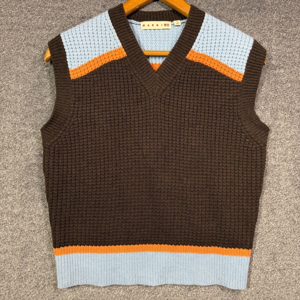 Marni x Uniqlo Sweater Vest Size M Blue Orange‎ V-Neck Brown Waffle Knit